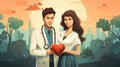 Male and female doctors holding red heart, cartoon vector illustration. Doctor and nurse holding heart Royalty Free Stock Photo