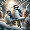 Male and Female Downy Woodpeckers Perched on a Pine Tree Branch during a Winter Snowstorm AI Generated