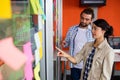 Male and female executives discussing over sticky notes Royalty Free Stock Photo