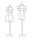 Male and female figure of a tailor`s mannequin on a round stand. Continuous line drawing illustration