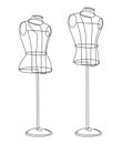 Male and female figure of a tailor`s mannequin on a round stand. Continuous line drawing. Vector illustration Royalty Free Stock Photo