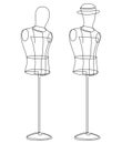 Male and female figure of a tailor`s mannequin on a round stand. Continuous line drawing. Vector illustration Royalty Free Stock Photo