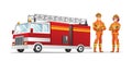 Male and female firefighter characters with fire truck illustration