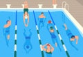 Male and female flat cartoon characters wearing caps, goggles and swimwear jumping and swimming or divining in pool. Men
