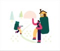 male and female flat characters of hikers with. Vector illustration