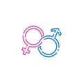 Male and female, gender, sex symbol or symbols of men and women icon line flat in blue and pink on isolated white background. EPS Royalty Free Stock Photo