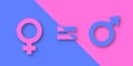 Male and female gender signs on blue and pink background. Relationship between men or boy and women or girl. The concept of gender