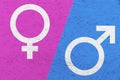 Male and female gender symbols Mars and Venus signs over pink and blue uneven texture background.