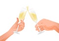 Male and female hand holds champagne glasses. Illustration of a festive mood