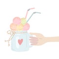 A male or female hand holds an ice cream in jar. Flat design vector illustration Royalty Free Stock Photo