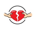 Male and female hands with broken red heart. Breakup heart concept. Crisis relationship divorce. Unhappy love, conflict. Vector