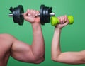 Male and female hands with dumbbells close-up. Training muscles. Female and male hand holds dumbbell. Muscular hands Royalty Free Stock Photo