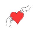 Male and female hands holding big red heart illustration vector hand drawn isolated on white background line art Royalty Free Stock Photo