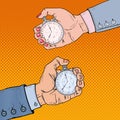 Male and Female Hands Holding Stopwatch. Time Management. Pop Art retro illustration Royalty Free Stock Photo