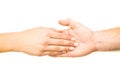 Male and female hands holding on white background Royalty Free Stock Photo