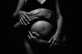 Male and female hands hug the belly of a pregnant woman. Black and white shooting Royalty Free Stock Photo