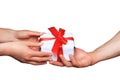 Male and female hands with white gift box with bow over white