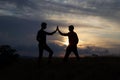 Male hikers climbing up mountain cliff and one of them giving helping hand. Royalty Free Stock Photo