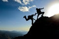 Hikers climbing on mountain. Help, risk, support, assistance Royalty Free Stock Photo