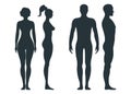 Male and female human character, people man woman front and view side body silhouette, isolated on white, flat vector illustration