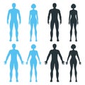 Male and female human character, people man woman front and view side body silhouette, isolated on white, flat vector illustration Royalty Free Stock Photo