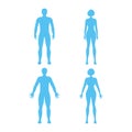 Male and female human character, people man woman front and view side body silhouette, isolated on white, flat vector illustration Royalty Free Stock Photo