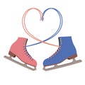 Male and Female ice skating boots, with lacing heart. Hobby, recreation, togetherness, family entertainment. Date on Valentines