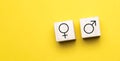Male and female icon symbols on wooden blocks against yellow background. Flat lay view