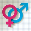 Male and female icon - Venus and Mars vector symbol with shadow on a checkered paper background.