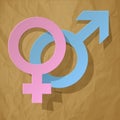 Male and female icon - Venus and Mars vector symbol with shadow on a crumpled paper brown background.