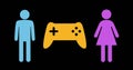 Male and female icons flank a central game controller icon