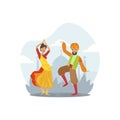 Male and Female Indian Dancers in Traditional Costumes Vector Illustration