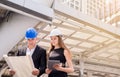 Male and female industrial engineers working and discussing on a construction site Royalty Free Stock Photo