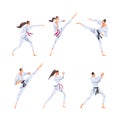 Male and Female Karate Fighter in White Kimono Practicing Martial Art Vector Set