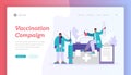 Male and female medical practitioners with various drugs. Banner template