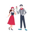 Male and female mimes isolated on white background. Cute funny boy giving rose flower to girl. Pair of performance Royalty Free Stock Photo