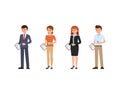 Male and female office stuff cartoon character. People standing with cup of coffee and notes.