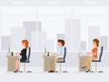 Male and female office workers at the desk. Young working clerks cartoon character.