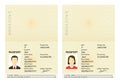 Male and female open passports. Vector identity document. Id with person photo and text. Personal information and