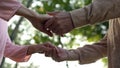 Male and female pensioners holding hands, romantic date outdoor, invitation Royalty Free Stock Photo