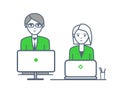 Male and Female People Working by Laptops Vector