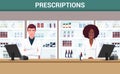 Male And Female Pharmacists Standing in front of Pharmacy Counter premium Vector