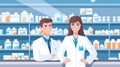 Male and female pharmacists standing in pharmacy drugstore, cartoon vector illustration. Generative AI