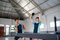 male and female ping pong players happy to score Royalty Free Stock Photo