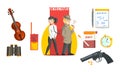 Male and Female Private Detective with Tools Set, Gun, Bullets, Radio, Violin, Binoculars, Vector Illustration