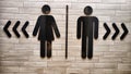 Male and Female Restroom Symbols on a Wooden Wall With Directional Arrows. Gender-specific bathroom signs on wood Royalty Free Stock Photo