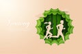 Male and Female running in outdoor nature landscape.Marathon or Trail running sport activity. Paper art vector illustration