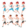 Male And Female Running Vector. Animation Frames Set. Sport Athlete Fitness Character. Marathon Road Race Runner. Woman