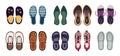 Male and female shoes top view. Cartoon footwear different types. Colorful espadrilles and sandals. Stylish accessories