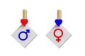 Male and female signs. Concept of the symbol of gender equality. Clothespins with hearts hold paper sheets with symbols Royalty Free Stock Photo